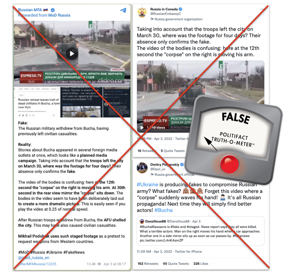 Russia pushes false crisis actor claims about video from Bucha, Ukraine