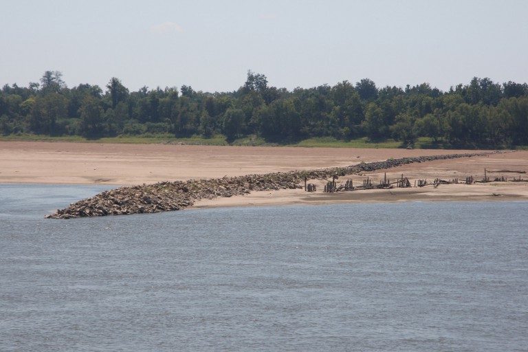 Shoals are exposed along the Mississippi River near Vicksburg, MS on Aug. 22, 2012.