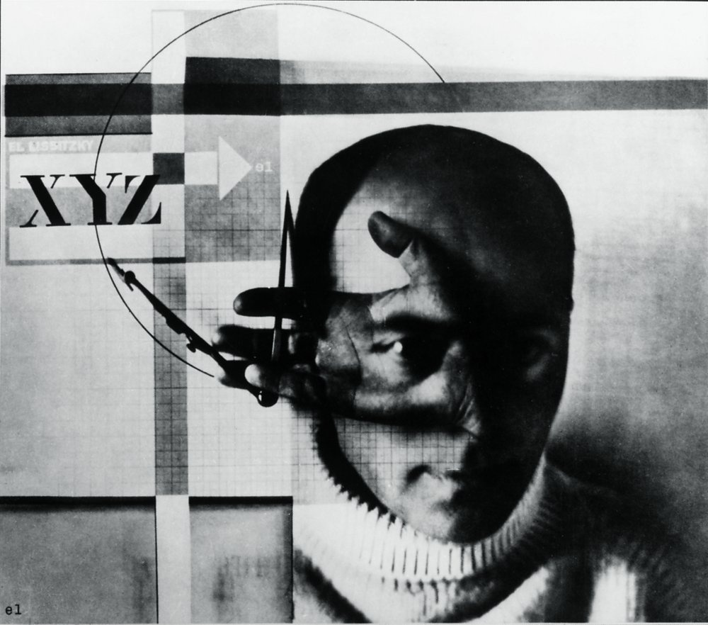 The photographic image was itself produced by superimposing two separate photographs [...] The resulting image fuses the artist's head, hand and tools. Large printed letters 'XYZ' appear in the top left hand portion of the image.