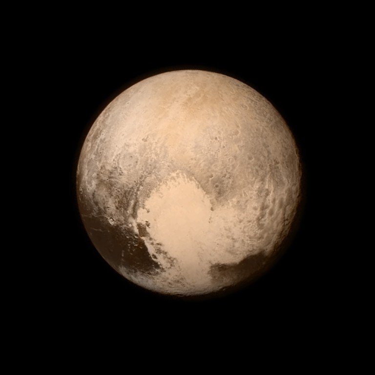 Pluto nearly fills the frame in this image taken on July 13, 2015, This view is dominated by the large, bright feature informally named the “heart,” which measures approximately 1,000 miles across.