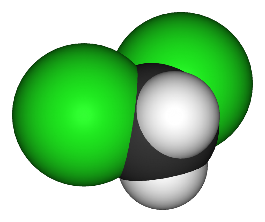 3D model of a dichloromethane (DCM, methylene chloride) molecule.
