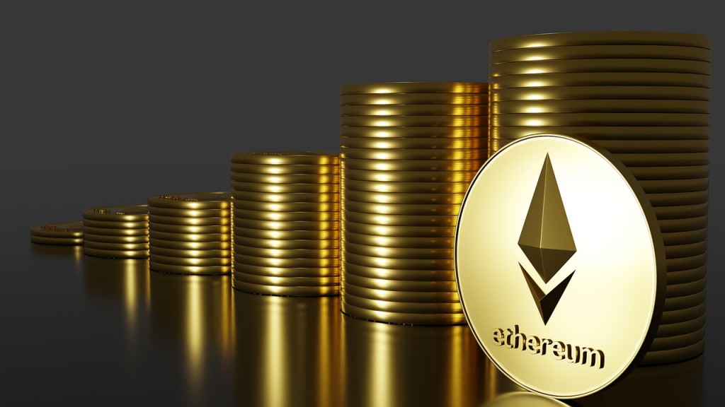 An Ethereum coin with stacks of gold coins behind it.