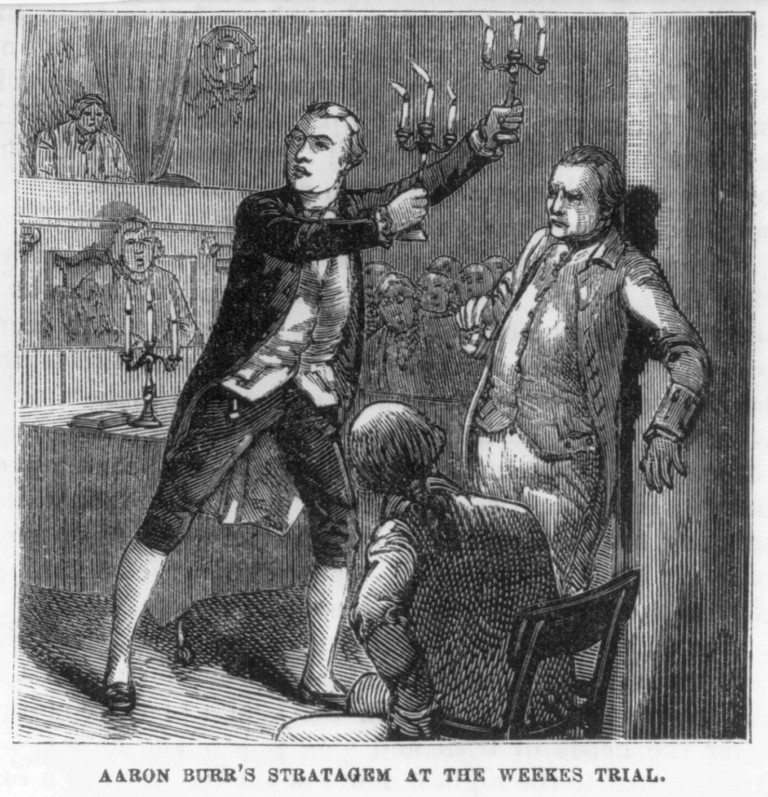 Title: Aaron Burr's strategim at the Weeks [i.e. Levi Weeks] trial Abstract/medium: 1 print : wood engraving. 1882. Library of Congress. Public Domain.