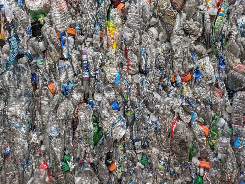 A bale of crushed PET drink bottles at a recycling facility in San Jose, California - May 26, 2019. Photo credit: Grendelkhan via Wikimedia. CC BY-SA 4.0.