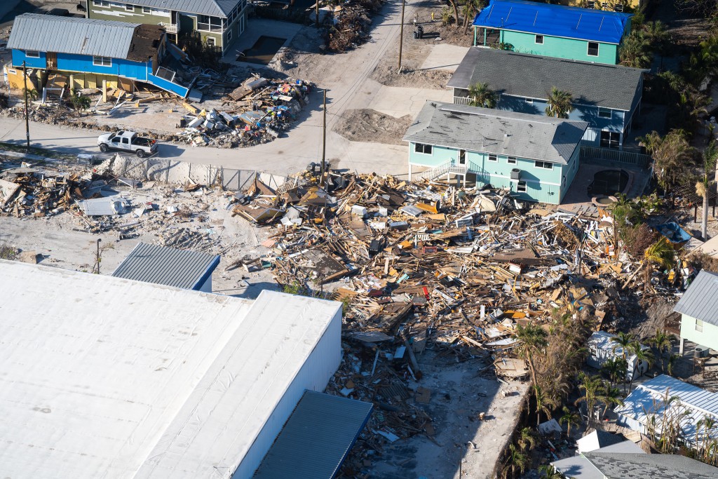 Hurricane Ian damage in Fort Myers Beach, Florida. Photo taken on October 27, 2022. Photo credit: South Florida Water Management District via Flickr. Public domain.