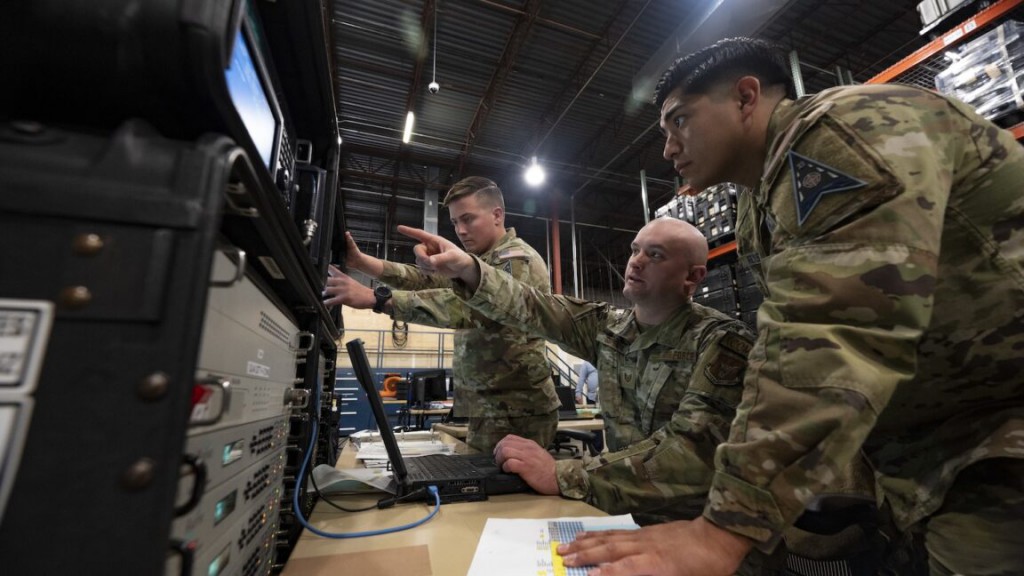 Space Force and Air Force crewmen manage the 25th Space Range Squadron’s “closed loop” range environment during a test of the Remote Modular Terminal (RMT) in Colorado Springs, Colorado, on April 4, 2024.