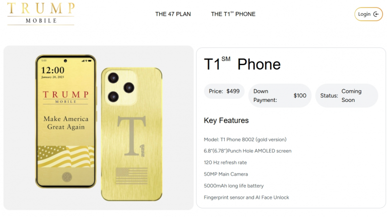 Trump Mobile announced with a $499 gold 'T1' phone